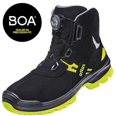 Atlas sikkerhedsstøvle FLASH 8255 XP BOA ESD i sort med BOA Fit System og neon gule detaljer på hvid baggrund.