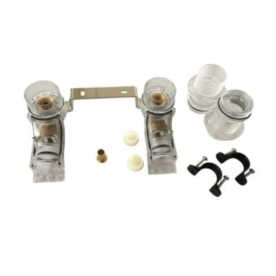 Dobbelt Push Box koblingsdåse i bronze med 15 mm x 1/2" dimension, sat sammen på en metalplade med diverse tilbehør.