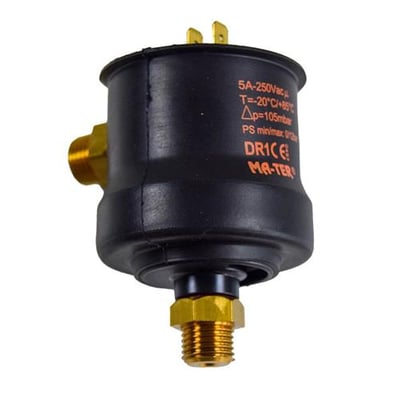 Clint difftrykspressostat DR-1C MA-TER, 105 mbar, med sort hus, messinggevind og elektriske terminaler.