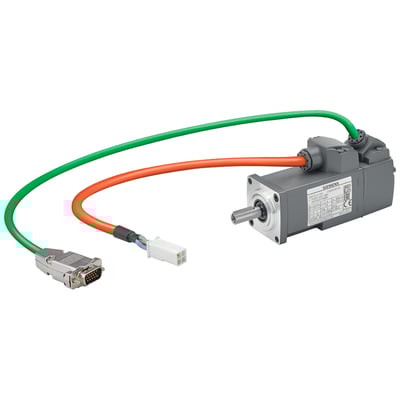 Siemens SIMOTICS S-1FL6 servomotor med 230 V 3 AC driftspænding, 0,05 kW effekt og grøn samt orange kabel.