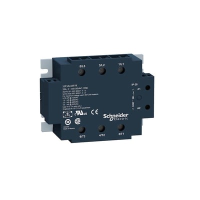 Schneider Electric trefaset Solid State-relæ, 50A, med mærkning for 5/L3, 3/L2, 1/L1, 6/T3, 4/T2, 2/T1, IP20, og A1, A2 terminaler.