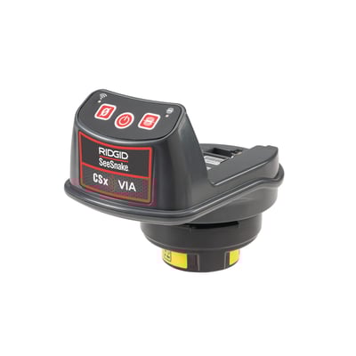 Ridgid CSx Via optager til SeeSnake tromler, vist forfra med knapper til trådløs forbindelse og tænd/sluk.