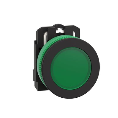 Nærbillede af Schneider Electric grøn signallampe, viser den runde linse og den sorte ramme samt monteringsclipsen.
