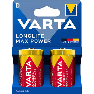 Varta Longlife Max Power D-alkalibatterier i 2-pak på blå emballage med gule og røde batterier.