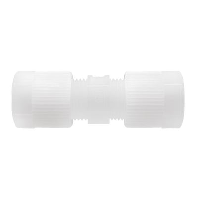 Serto PVDF unionskobling til 8/6 mm rør, fremstillet af hvid plast med gevind og ribbet overflade for godt greb.