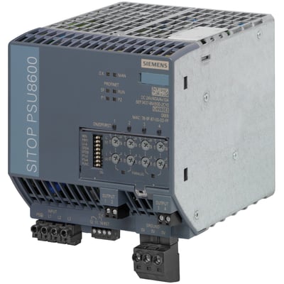 Siemens Sitop PSU8600 strømforsyning 40A/4x10A DC med 24V output, PN/IE tilslutning og robust metalchassis med ventilationsriste.