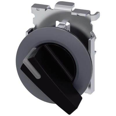 Siemens Sirius Act rund lysbar omskifter med 30mm metalmat sort front og låsefunktion, vist på hvid baggrund.