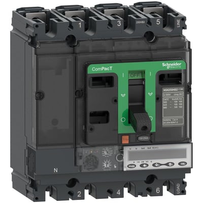 Schneider Electric ComPacT NSX100R 4P 4d maksimalafbryder med MicroLogic 5.2 E-strømrelæ og 40A mærkestrøm, set forfra med tydelig betjeningshåndtag og digitalt display.