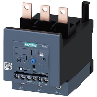 Siemens Sirius elektronisk overbelastningsrelæ med indstillingsområde 32-115A og kl20E. Relæet er i størrelse S3 og monteret på kontaktor med skrueklemmer.