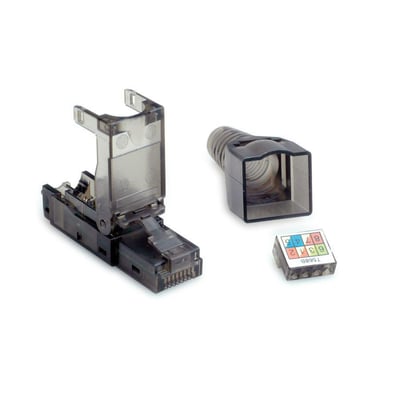 Værktøjsløs K6A UTP modular plug, bestående af stik, kabelføringshus og farvekodet indsats med numrene 1-8.