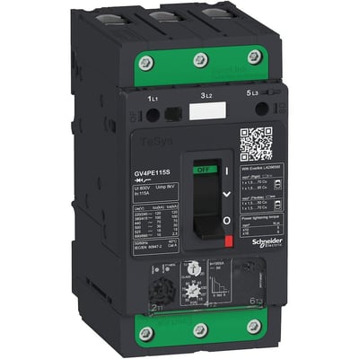 Schneider Electric TeSys GV4PE 115A motorværn set fra siden, med fokus på EverLink terminaler og indstillingsmuligheder.