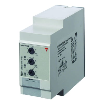 Carlo Gavazzi spændingsrelæ med tre sorte justeringsknapper på et gråt kabinet, til 24-48 V AC/DC.