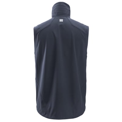 Snickers AllroundWork navy softshellvest i 2XL med høj krave og lynlås, vist bagfra med logo.