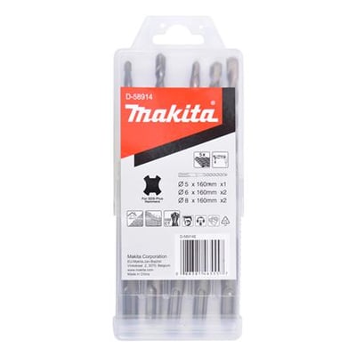 Makita SDS-plus hammerborsæt med 5 dele, 2 skær, i praktisk PVC kassette med angivelse af størrelser: Ø5 x 160mm (x1), Ø6 x 160mm (x2) og Ø8 x 160mm (x2).