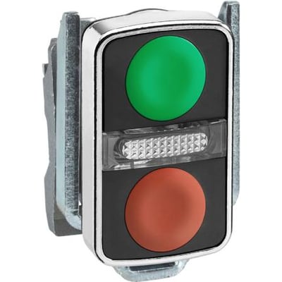 Schneider Electric Harmony XB4 dobbelthoved med 22mm grøn og rød knap samt hvidt lys med metalramme.