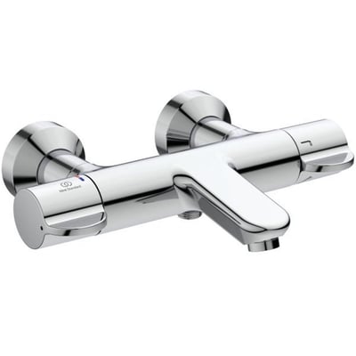 Ideal Standard Ceraplus Safe kar/brusearmatur i krom med 2-grebs betjening og termostatfunktion, vist med tydelig markering af temperatur.