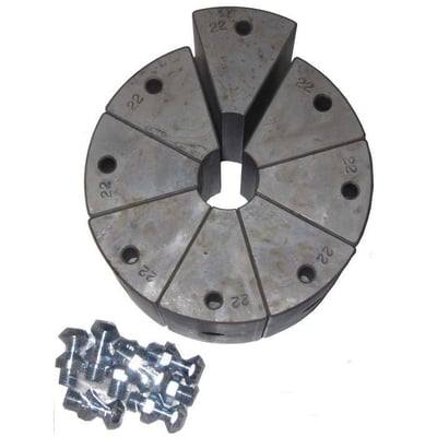 Hydroscand pressebakker til H16P pressværktøj, 27-31 mm, med tydelig markering '22' på hver bakke og en samling skruer i en plastpose ved siden af.