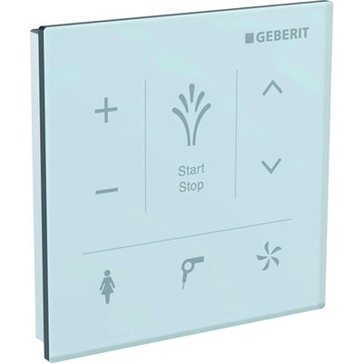 Vægkontrolpanel fra Geberit i hvid glasoverflade med ikoner for vand, varme, føn og brugerindstillinger.