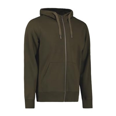 ID Identity hættecardigan i olivenfarve med gennemgående lynlås og kængurulomme, vist på hvid baggrund.
