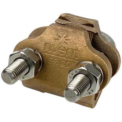 Solid messing U-bolt klemme til jordingsstænger med synligt 'nVent ERICO' logo og to kraftige bolte med møtrikker.