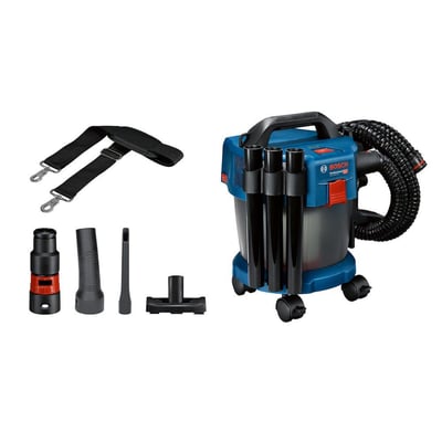 Bosch GAS 18V-10L Professional støvsuger vist fra siden med tilbehør, inklusiv monteret sugeslange og skulderstrop.