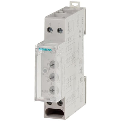 Siemens 7LF6 trappeautomat i grå plast med klar beskyttelseslåg, viser indstillinger for tid og funktion.