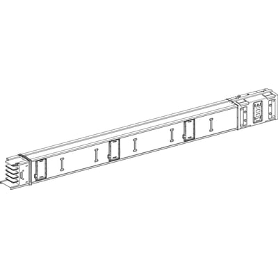 Schneider Electric skinneelement KSA630ED4206, lige, 2 meter, 630A med 6 udgange, 3L + N + PE polaritet vist i teknisk tegning.