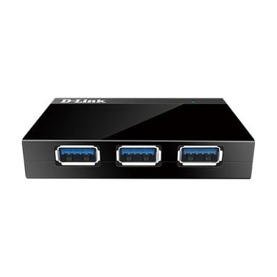 D-Link DUB-1340 USB-hub med fire USB 3.0-porte; tre blå Type-A-stik ses langs forkanten.