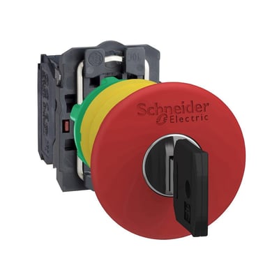 Schneider Electric nødstop XB5 med rød 40mm padde, aktiveres med Ronis 455 nøgle og har 1 NC kontaktelement.