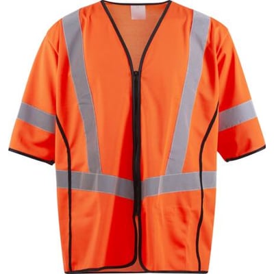 Mascot trafikvest i orange polyester med refleksstriber på bryst, ryg og ærmer samt sort kantebånd og lynlås.