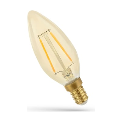 SpectrumLED LED-pære med C35-form, ravfarvet glas, synlige LED-filamenter og E14-fatning.