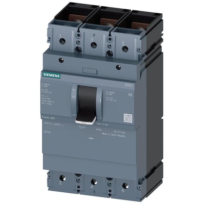 Siemens maksimalafbryder 3VA1, 3-polet, 400A SD100 med drejehåndtag og tydelige mærkater for ON, TRIP og OFF.