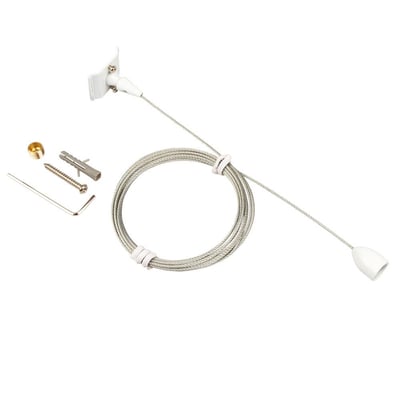 Scan Products Mita 1F wiresæt, 3 meter, hvid, vist med diverse monteringsdele og et oprullet stålkabel på hvid baggrund.