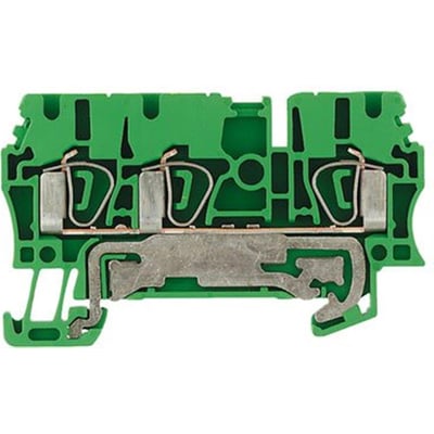 Nærbillede af Weidmüller Jordklemme ZPE 2,5/3AN, viser de indvendige fjederterminaler og forbindelsespunkter.