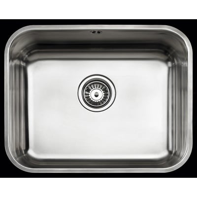 Intra Juvel Barents enkelt køkkenvask i poleret rustfrit stål, set ovenfra med strainer og overløb synlige.