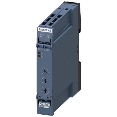 Siemens SIRIUS 3RP25 tidsrelæ med 1CO, 13 funktioner og 7 tidsintervaller fra 0,05s til 100 timer, 24V AC/DC, push-in terminaler.