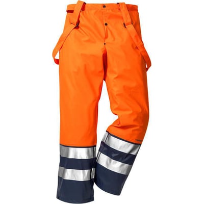 Kansas hi vis regnbukser i str. L, i klar orange farve med mørkeblå benafslutning med reflekser.