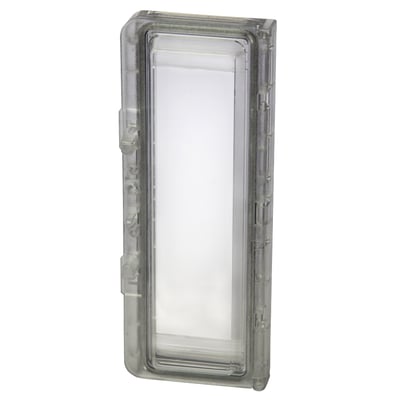 Fibox hængsellåg L08, et 10-modulers hængsellåg fremstillet af klar polycarbonat med dimensionerne 78x200x25 mm.