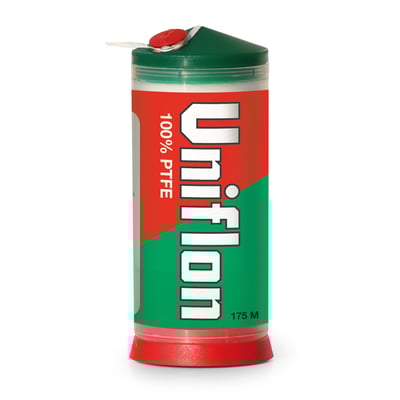 Unipak Uniflon teflonsnøre på 175 meter i en rød og grøn dispenser med hvid snøre synlig.