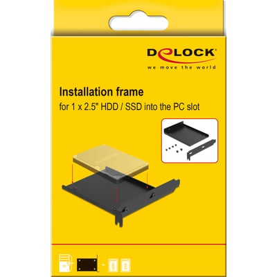DeLock monteringsramme til én 2,5″ HDD på gul emballage med illustration af montering i et PC-slot.