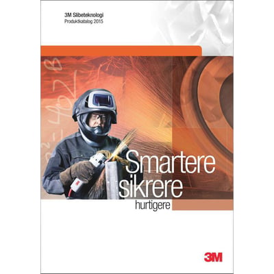Forside på 3M Slibeteknologi Produktkatalog 2015 med en person der bruger en vinkelsliber, gnister flyver.