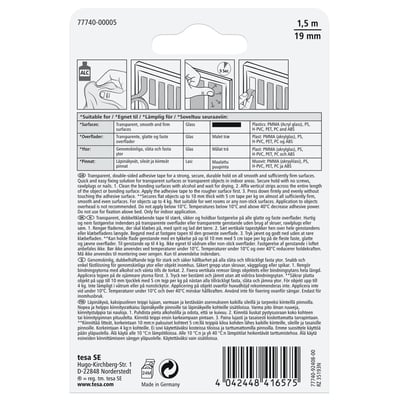 Emballage til Tesa Powerbond monteringstape, viser rullen og specifikationer for usynlig montering.