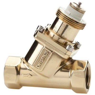 Detaljebillede af Frese Optima Compact DN15 strengreguleringsventil i messing, med synlig angivelse af DN15/PN25 og hvid justeringsmekanisme.