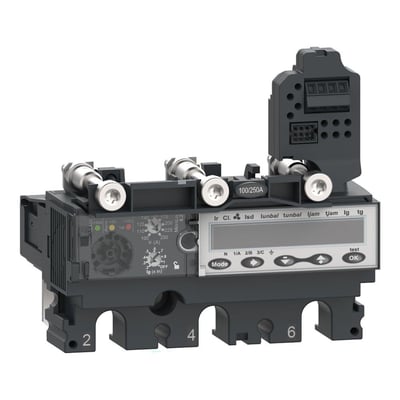Schneider Electric Micrologic 6.2E relæ til 250A ComPacT NSX afbrydere, der viser justeringsknapper og digitalt display.