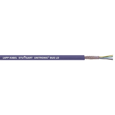 Lapp UNITRONIC BUS LD 1x2x0,22 datakabel med lilla ydre kappe og synlige ledere i enden på hvid baggrund.