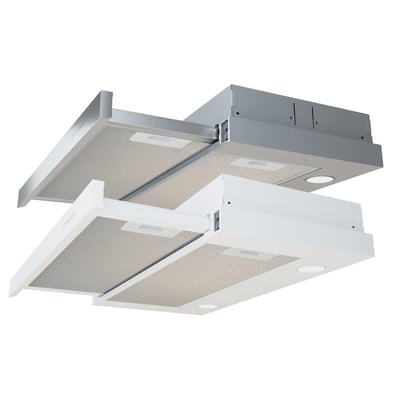 Viser to Exhausto ESL235WER emhætter, en i hvid og en i stål, side om side for sammenligning.