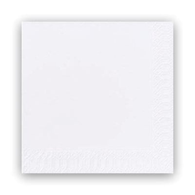 Duni 2-lags servietter i hvid, 33 cm, vist fladt med en diskret mønstret kant på alle fire sider.