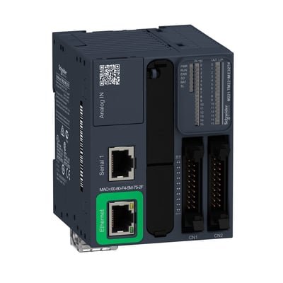 Schneider Electric Modicon M221 PLC i et skråt perspektiv, der viser dens kompakte design med tydelig mærkning af indgange og udgange, samt tilslutningsporte.