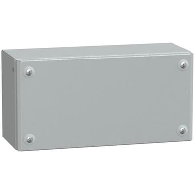 Schneider Electric klemkasse i grå RAL 7035 lakeret stål, 150 x 300 x 120 mm, med fire synlige skruer på fronten.