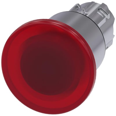 Siemens 22mm paddehattrykknap i skinnende rød metal med 40mm aktuator-diameter, vist på hvid baggrund.